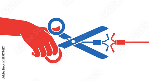 Hand Cutting Severed Cable: Disconnection, Termination, or Breaking Communication Wire Metaphor