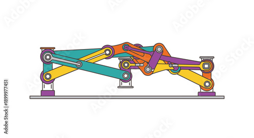 Intricate Mechanical Linkage System Illustration: Complex Articulated Engineering Mechanism Diagram in Vibrant Colors