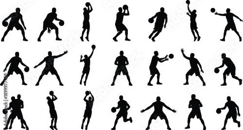 Basketball player action silhouettes set, athletes dribbling passing shooting jumping defensive poses, black sport figures isolated on gray background illustration
