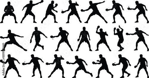 Table tennis player action silhouettes set, athletes serving hitting smashing defensive poses, black sport figures isolated on gray background illustration