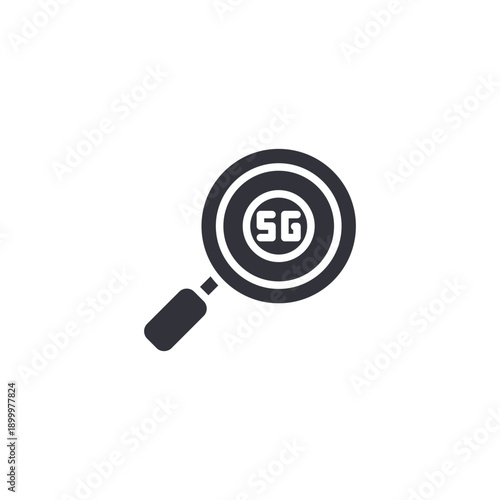 Magnifying glass with 5G symbol icon illustrating network search, signal analysis, and connectivity diagnostics.