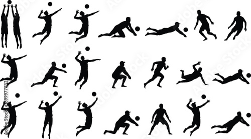 Volleyball player action silhouettes collection, athletes jumping spiking serving blocking diving poses, black sport figures isolated on gray background illustration