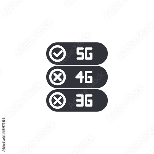 Mobile network comparison list icon showing 5G, 4G, and 3G options with status indicators.