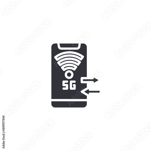 Smartphone with 5G and data transfer arrows icon representing mobile internet sharing and wireless synchronization.