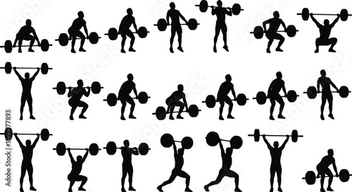 Weightlifting fitness human silhouettes collection, athletes lifting barbells performing strength training workout poses, black figures isolated on gray background illustration