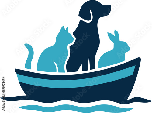 Illustration of Dog, Rabbit and Cat on a blue boat