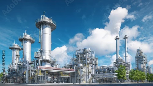 Industrial complex on a sunny day with blue sky and some white cloud and green tree in picture