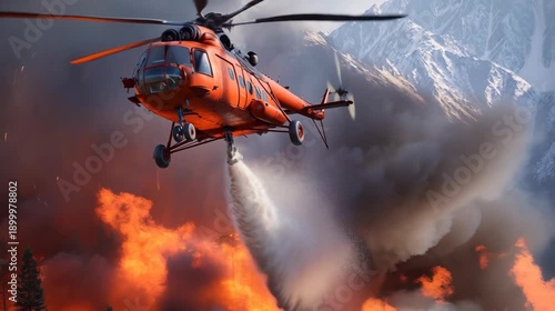 A helicopter extinguishing a wildfire in a mountainous terrain. The helicopter is releasing water to control the fire, with mountains visible in the background