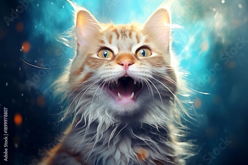 Ginger cat showing a surprised expression with its mouth open, white teeth visible