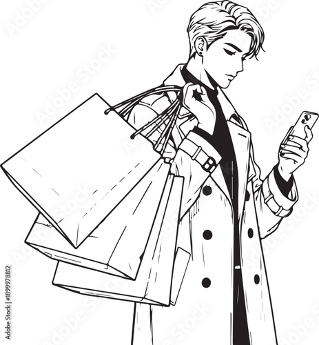 Man drying hair with blow dryer, morning grooming sketch