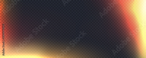 Film lens leak effect on black transparent background. Light filter overlay effect for mobile photo, lens flare bokeh png bg, vector illustration. Burn red and orange gradient glow.