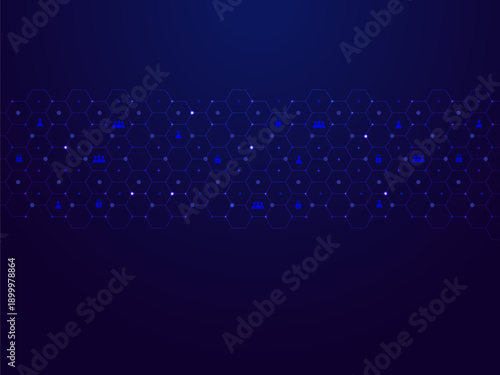 Geometric hexagonal wireframe structure, global communication network vector illustration for corporate branding.