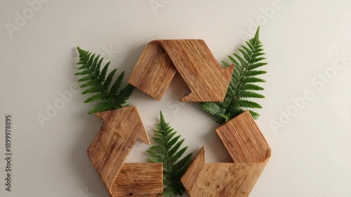 A wooden recycling symbol with a leaves