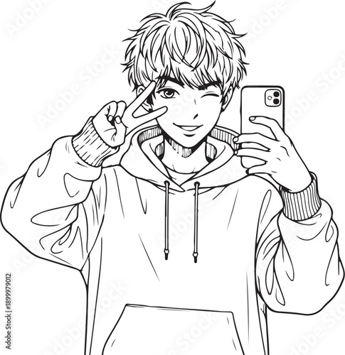 Anime style boy solving cube, puzzle game drawing 