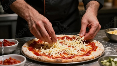 Closeup Of Hands Distributing Cheese Onto Prepared Dough In Kitchen, Detailed View Of Hands Placing Shredded Cheese Onto Pizza Amid Ingredients And Utensils In Bright Kitchen Environment