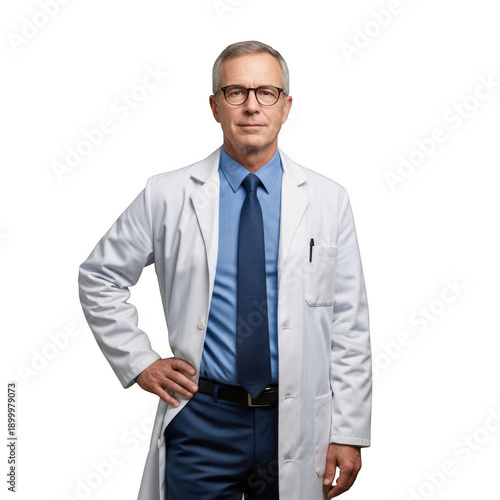 Confident medical professional in lab coat isolated on transparent background