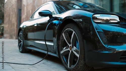 A sleek, black electric car charging in front of a modern building