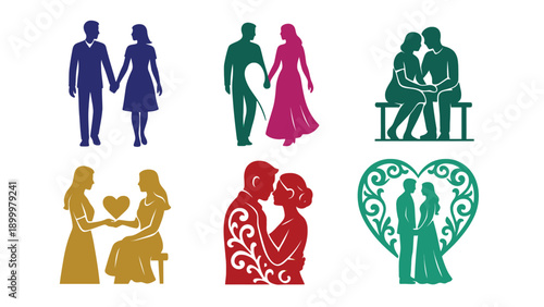 A colorful collection of loving couple silhouettes in various romantic poses