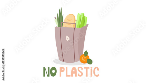 An illustration promoting eco-friendly living with a reusable bag and fresh produce