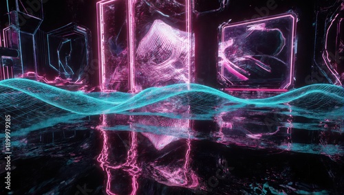 Futuristic scene with abstract neon shapes and digital wave
