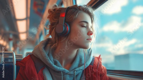 A young woman enjoys music while traveling on train, looking out of the window. She wears headphones and red jacket, closes her eyes for meditation