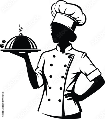 Chef in Uniform and Hat Carefully Plating a Gourmet Dish in a Professional Culinary Setting