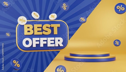 Best Offer sale promotion with 3D text, falling percentage icons, and a product podium for e-commerce marketing.