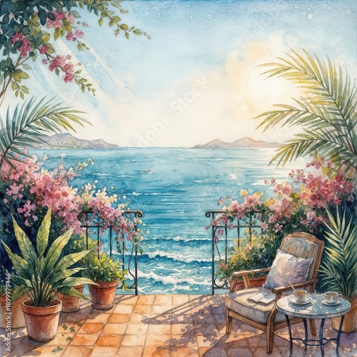 A serene terrace overlooking a tranquil sea is surrounded by vibrant flowers and lush greenery, bathed in warm sunlight that creates a peaceful ambiance