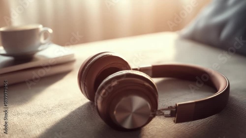Headphones and coffee cup on a bed, listening to music and relaxing. This evokes feelings of rest and peaceful atmosphere