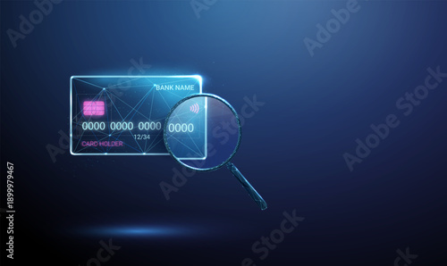 3d neon bank card under magnifying glass. Payment verification, transaction review, fraud detection, security check, transparency, audit, risk analysis, compliance concept.