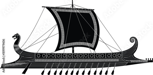 Ancient Greek trireme ship silhouette vector illustration featuring classical war galley, mythological maritime vessel, historical naval design