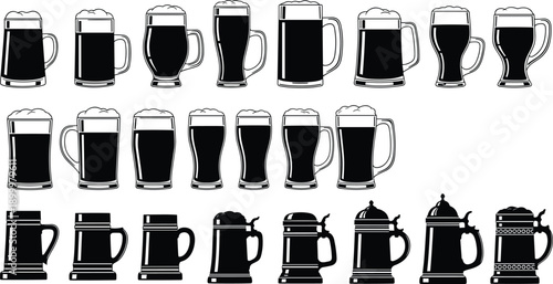 Beer mug and stein silhouettes vector set featuring various glass shapes, foam topped drinks, brewery bar icons, black illustration collection