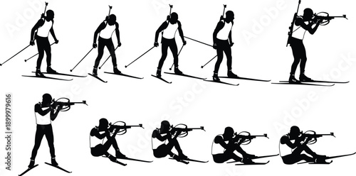 Biathlon athlete silhouettes vector set featuring cross country skiing and rifle shooting poses, winter sports action illustration isolated black collection