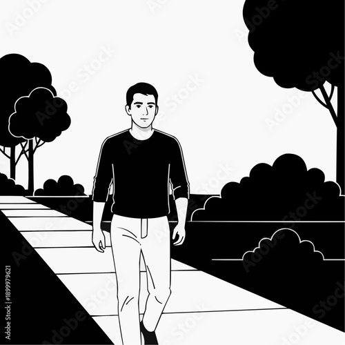 A black and white illustration shows a man with short dark hair walking towards the viewer on a paved pathway. He is wearing a dark long-sleeved shirt and light-colored trousers. The pathway is lined 