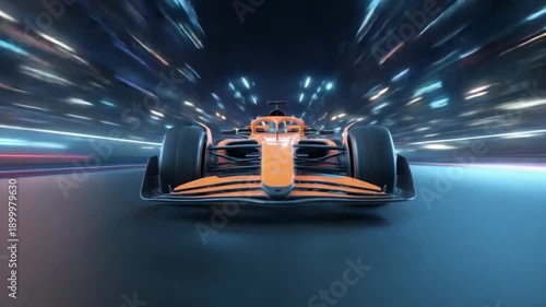 A dynamic shot of a racing car speeding through a tunnel of light. Capturing speed, motion, and technological prowess