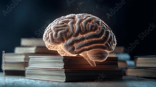 A glowing brain illuminated above a stack of books, symbolizing knowledge and intelligence. 