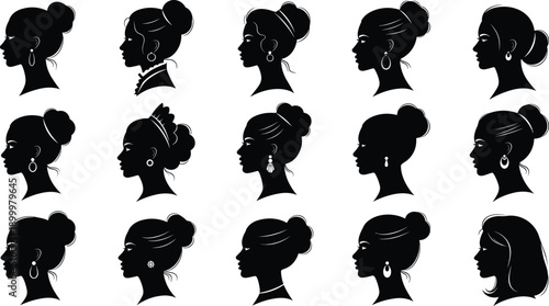 Black female profile silhouettes vector set featuring elegant hairstyles, side view portraits, minimal beauty icons, fashion illustration collection