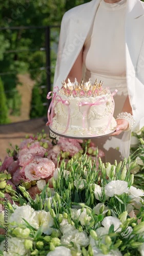 Wallpaper Mural Woman holding a cake with a golden crown. Concept of giving a cake. Torontodigital.ca