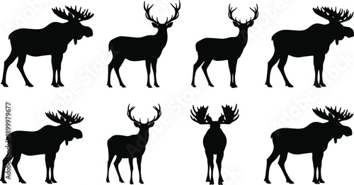 Black moose and deer silhouettes vector set featuring wild forest animals, majestic antlers, wildlife icons collection isolated