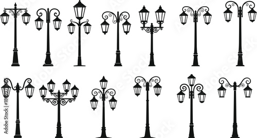 Classic street lamp silhouettes vector set featuring decorative vintage lantern poles, urban outdoor lighting elements, isolated black city illustration