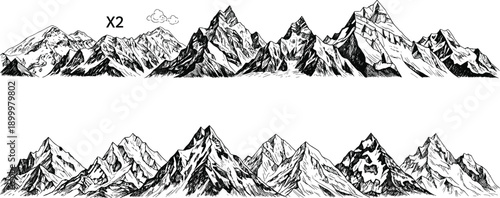 Hand drawn mountain range silhouettes vector set featuring detailed alpine peaks, rugged landscapes, ink sketch style nature illustration