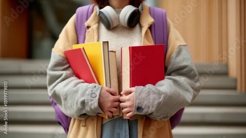 Student holding books and preparing for study in school