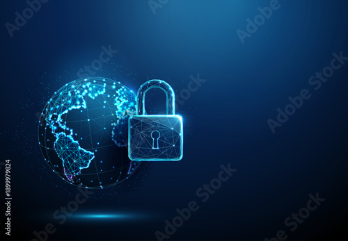 3d blue Earth globe with padlock. Privacy, access control, information safety, travel restrictions, restricted zones, safe digital network, pandemic response concept.