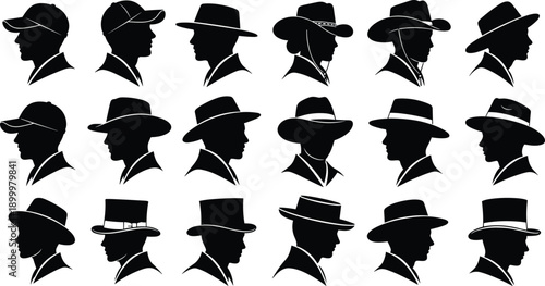 Male profile silhouettes vector set featuring men wearing hats, classic fashion styles, side view portraits, vintage gentleman icons collection