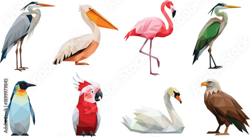 Low poly bird vector set featuring flamingo, pelican, heron, penguin, parrot, swan and eagle, geometric wildlife illustration
