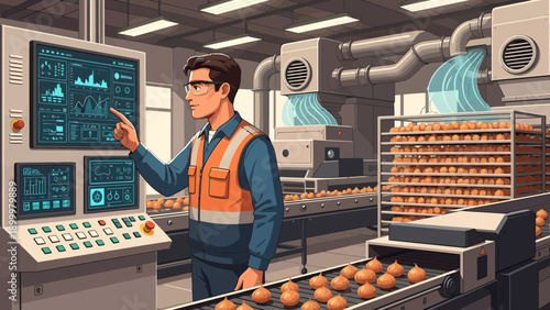 Industrial Food Production Worker Operating Control Panel
