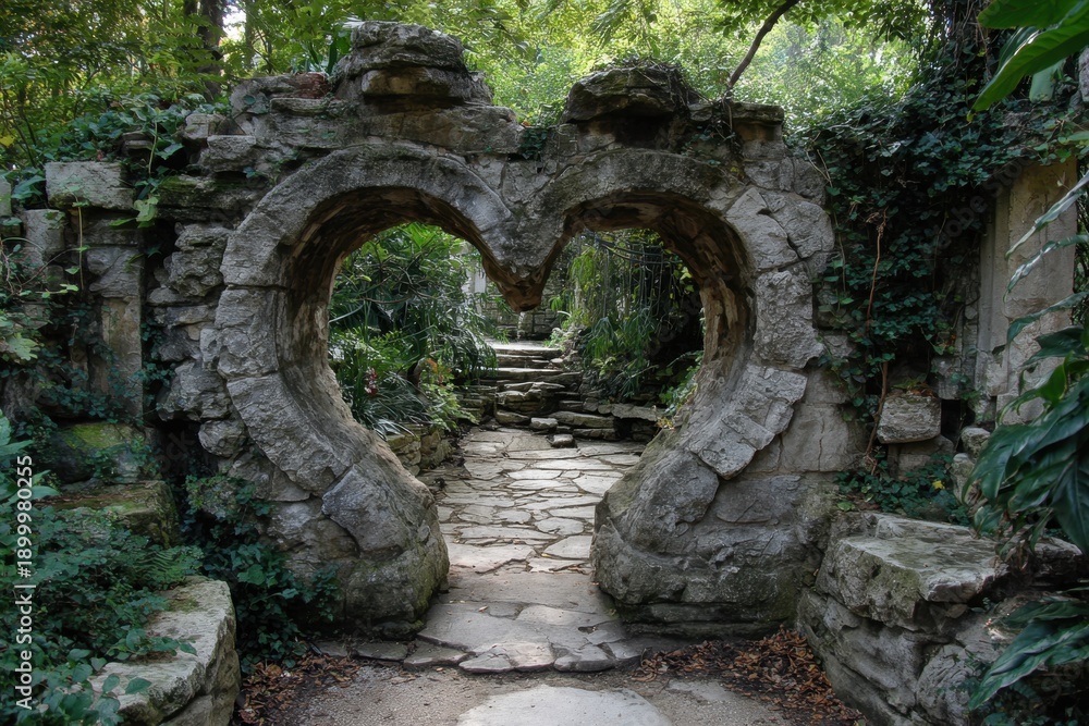 Obraz premium Heart shaped stone archway leading to a winding garden path