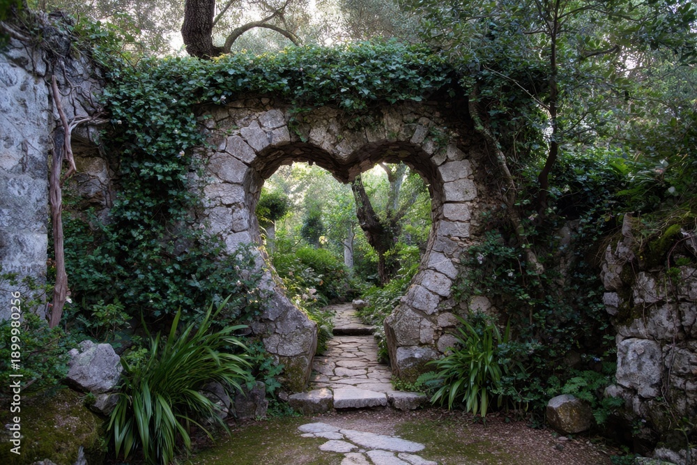 Fototapeta premium Heart shaped stone entrance leading to a secret garden