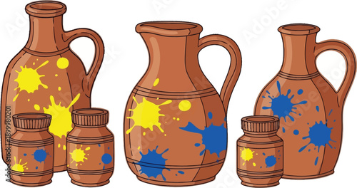Three brown earthenware clay jugs and three small matching spice jars feature bright yellow and blue paint splatters.