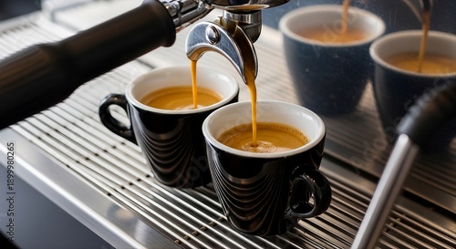 Freshly brewed espresso being poured into three small cups on a metal tray isolated on transparent background, Vector